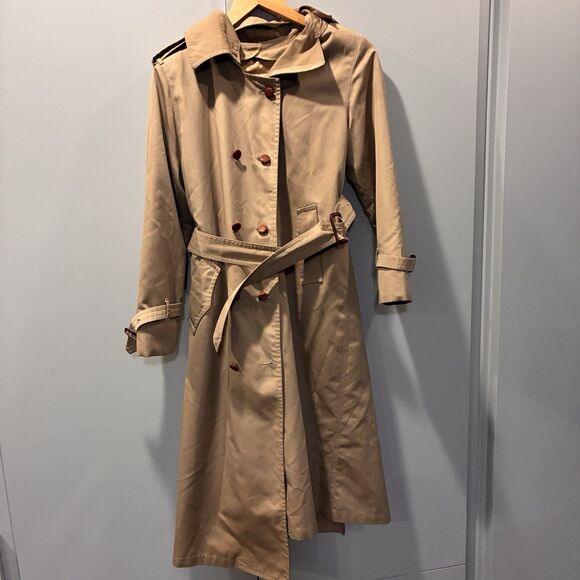 Vintage Jackets & Blazers - Vintage Union Made Misty Harbor Petite 4 Trench Coat Tan Plaid Lined Belted